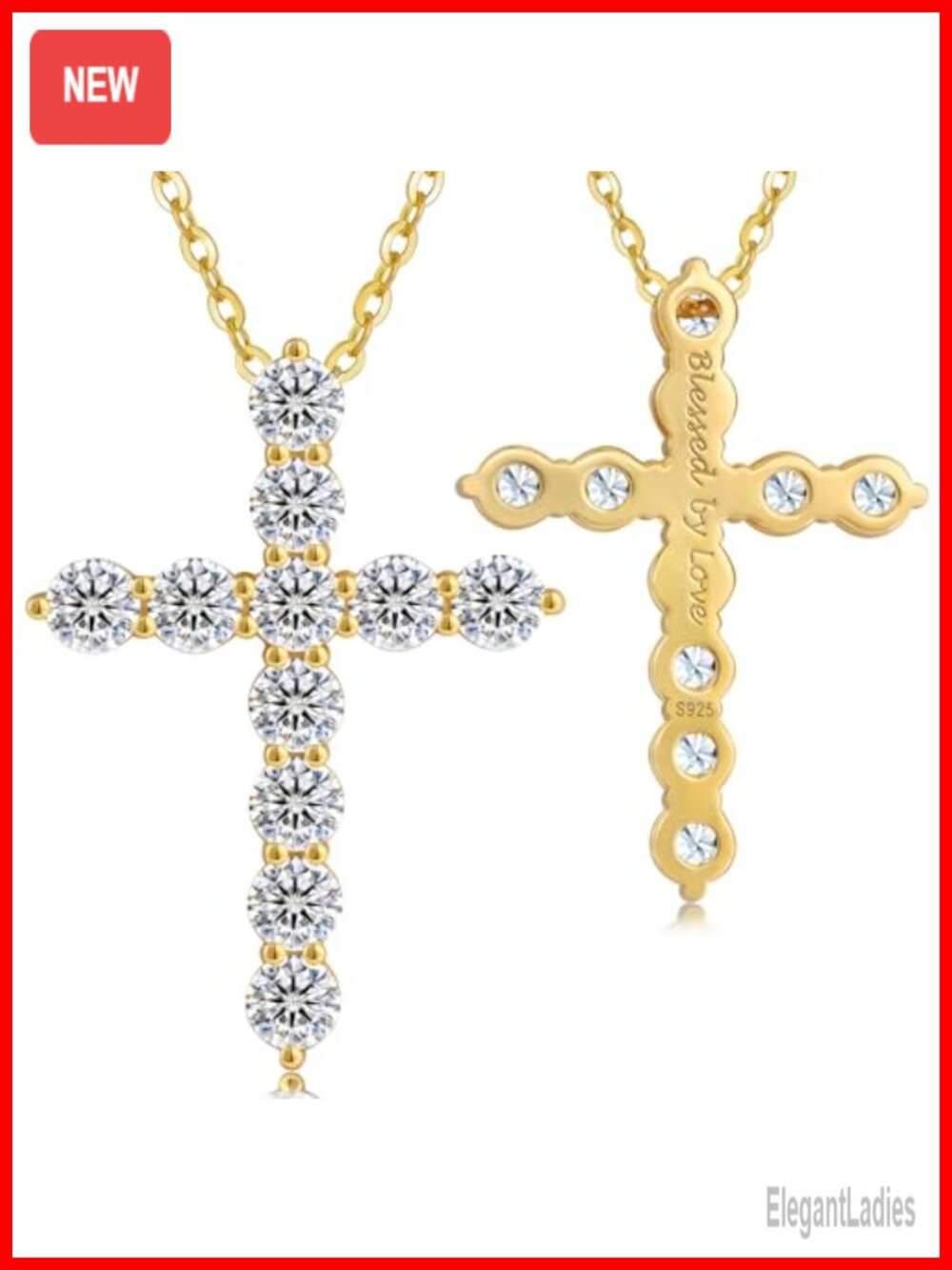 Moissanite Cross Necklace 14k Gold Plated 925 Sterling Silver Religious Gift